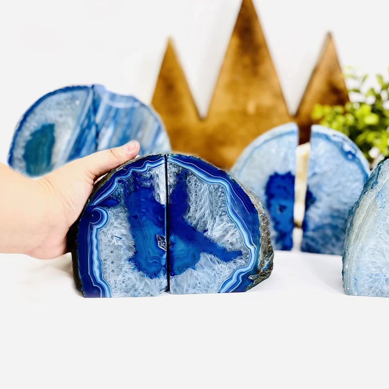 AMOYSTONE Blue Agate Stone Bookends, Heavy Sturdy Bookends for Heavy Books, Rock Crystal Book Holder, 6-8 LBS, Decorative Bookends for Home Office Desk, Perfect Housewarming Gift - Image 4
